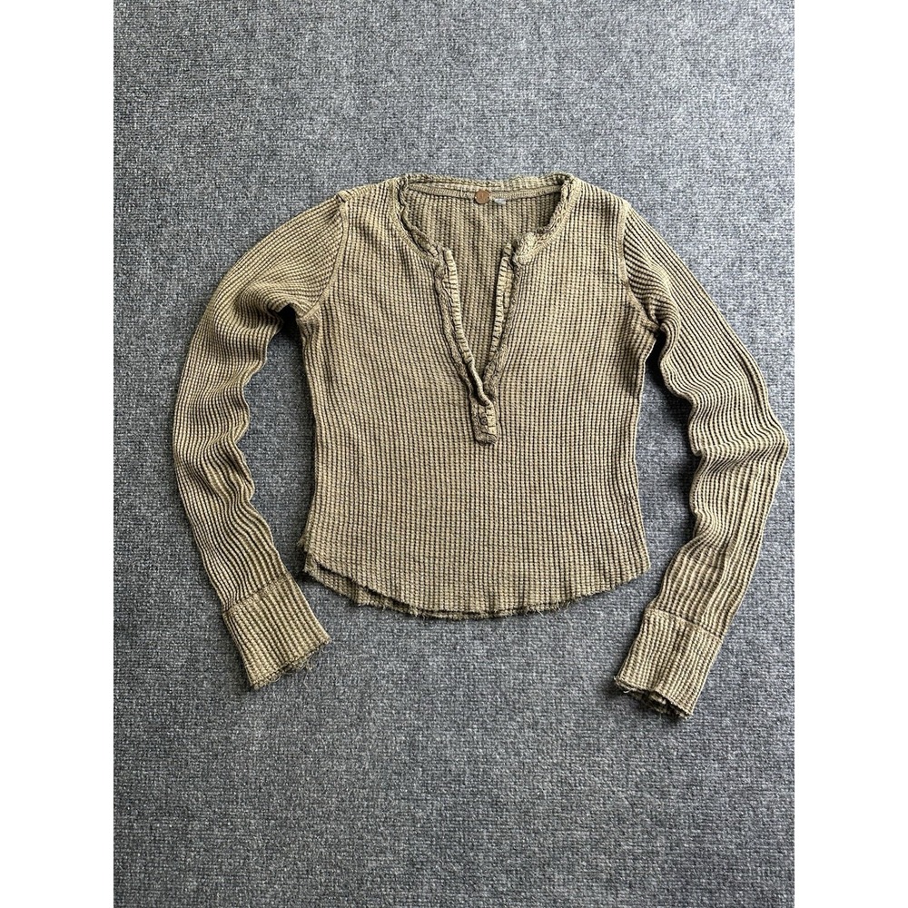 Womens Free People FP One Brown Waffle Knit Distressed Henley Top, Size S